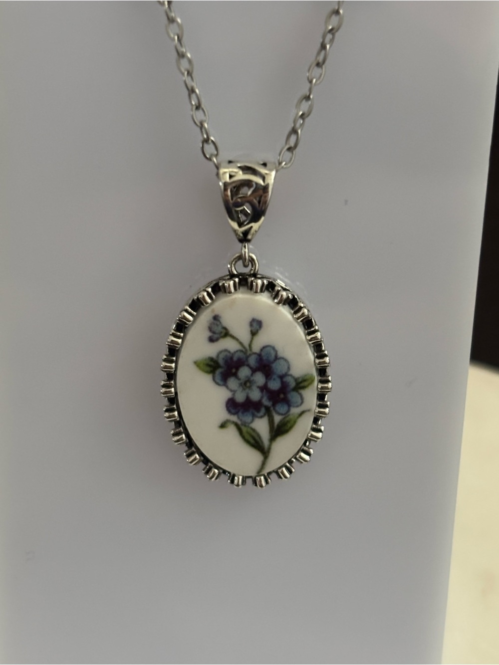 Silver Tone Blue Floral Pendant Necklace, Cottagecore Cameo Style,